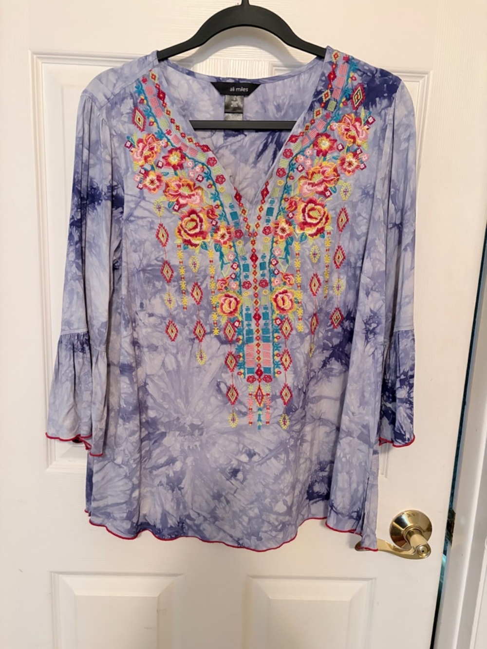 Ali Miles Blue Tie-Dye V-Neck Tunic with Multicolor Embroidery